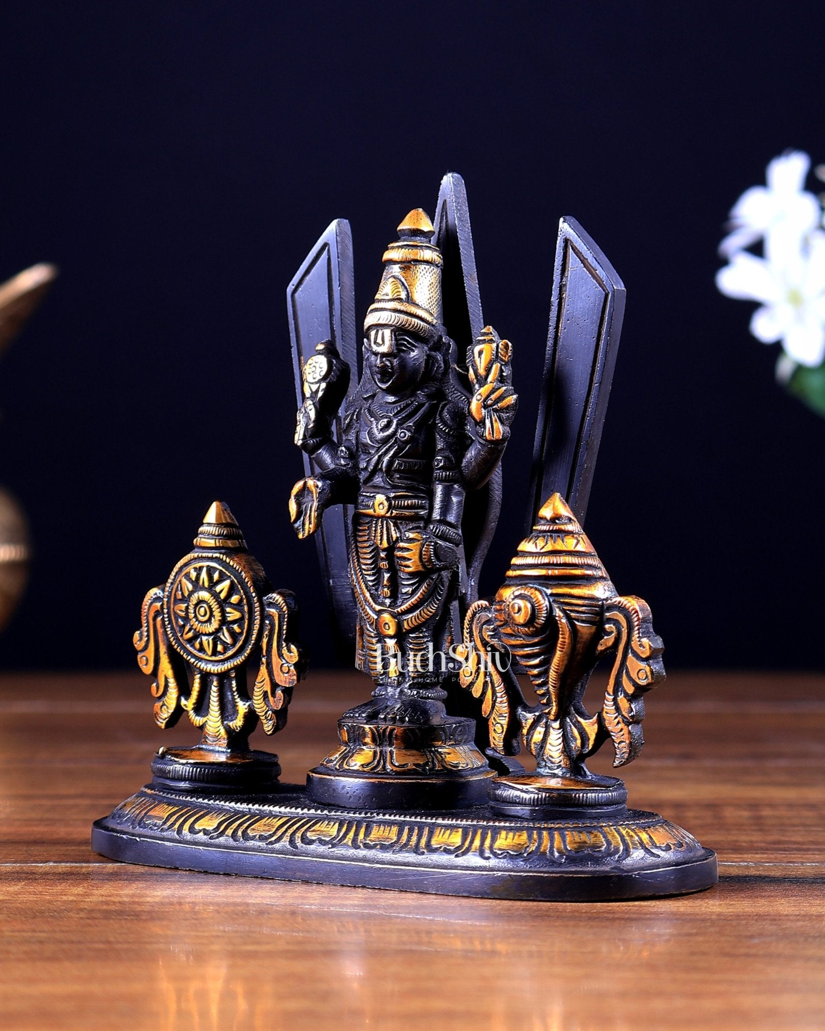Brass Tirupati balaji Shankh Chakra Namah idol 5 inch black gold - Budhshiv.com