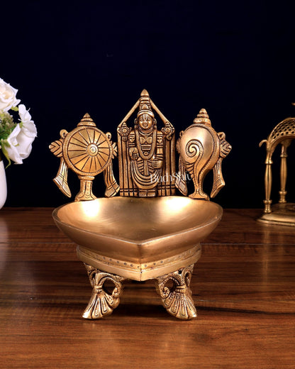 Brass Tirupati Balaji Shanku Chakra Diya Oil Lamp 7 inch - Budhshiv.com