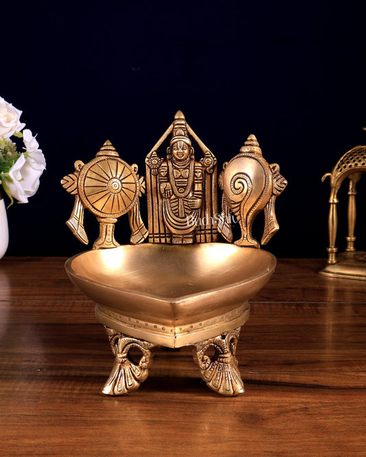 Brass Tirupati Balaji Shanku Chakra Diya Oil Lamp 7 inch - Budhshiv.com