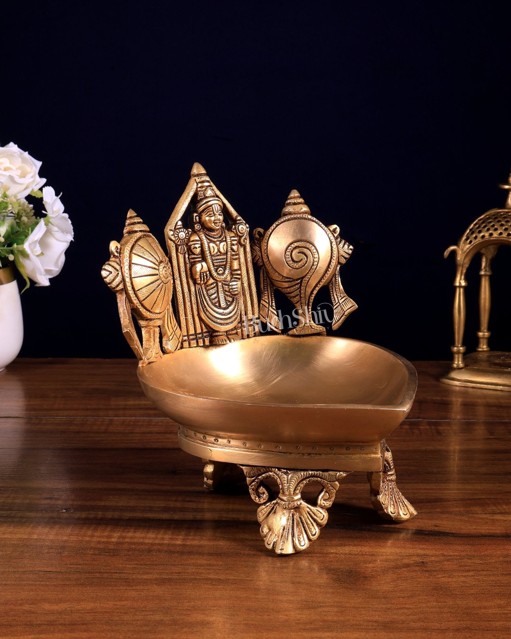 Brass Tirupati Balaji Shanku Chakra Diya Oil Lamp 7 inch - Budhshiv.com