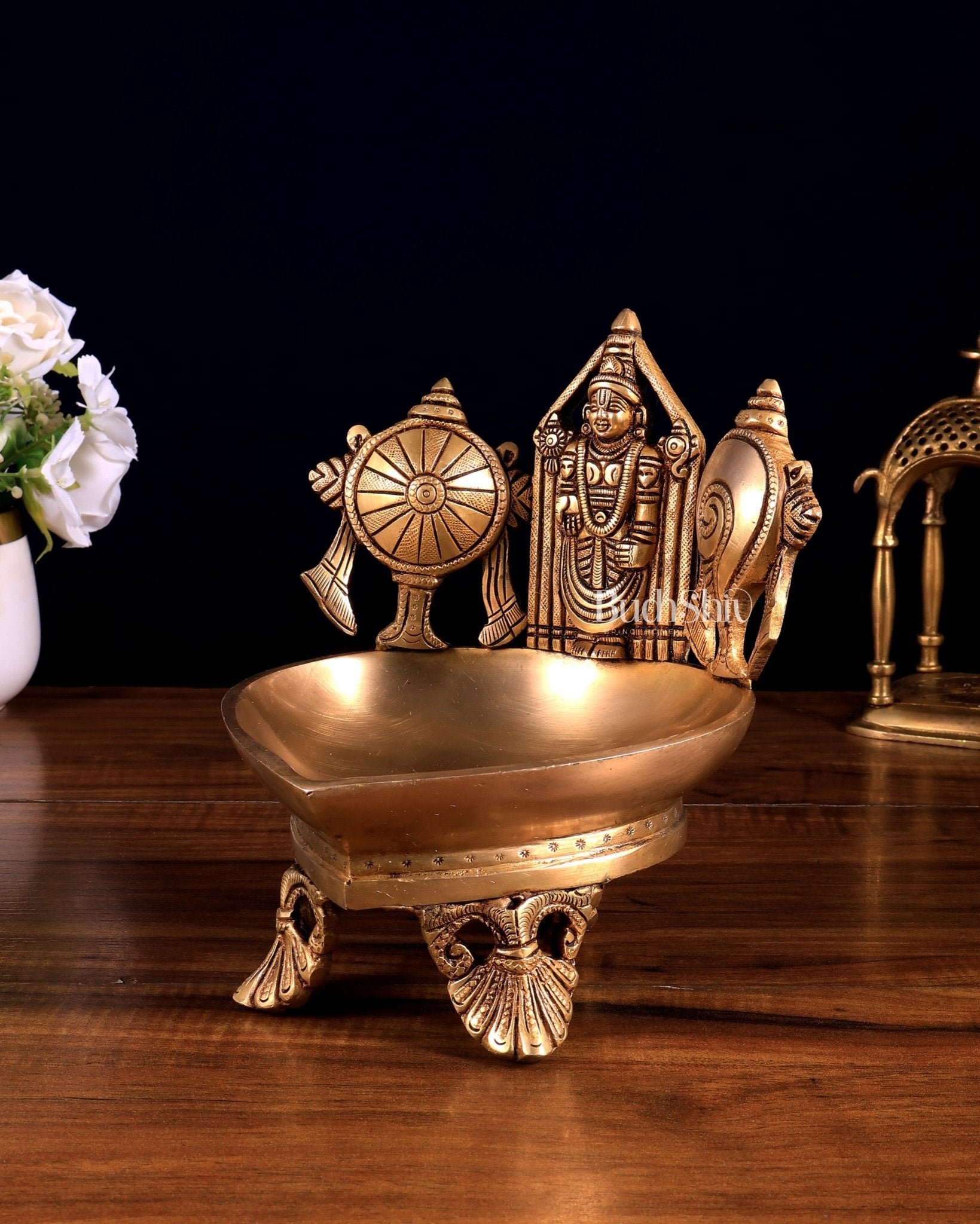 Brass Tirupati Balaji Shanku Chakra Diya Oil Lamp 7 inch - Budhshiv.com