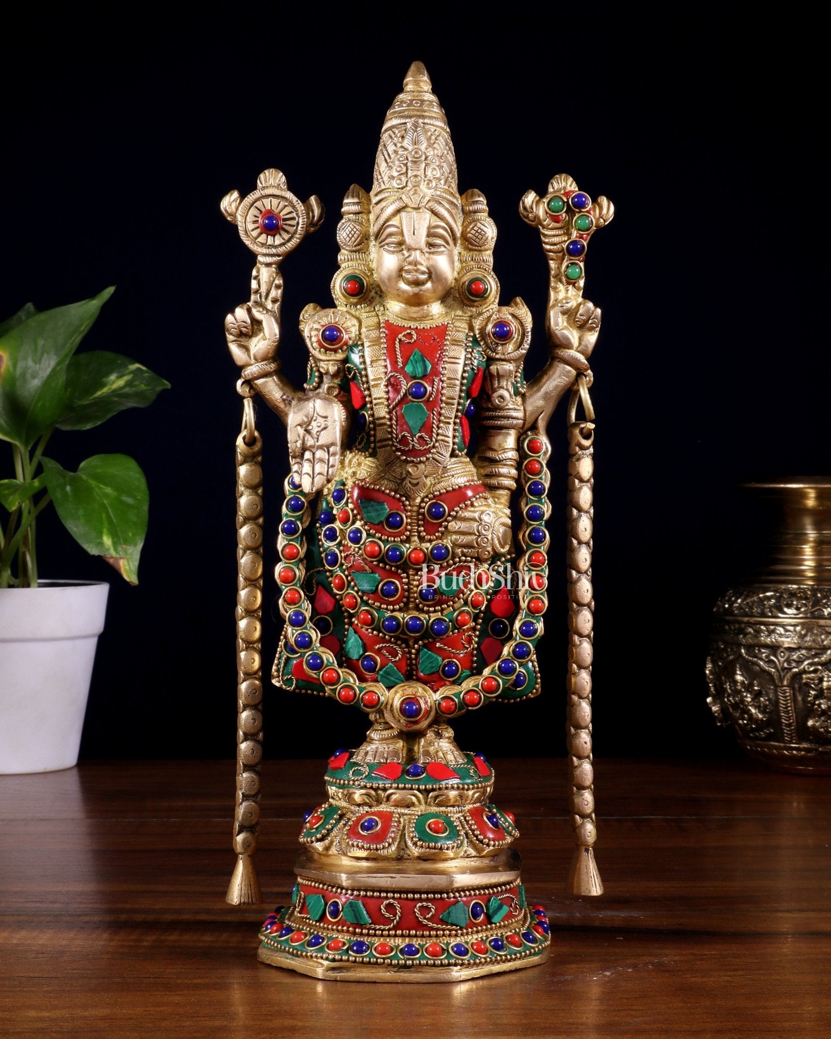 Brass Tirupati Balaji Statue 11 inch with meenakari Stonework - Budhshiv.com