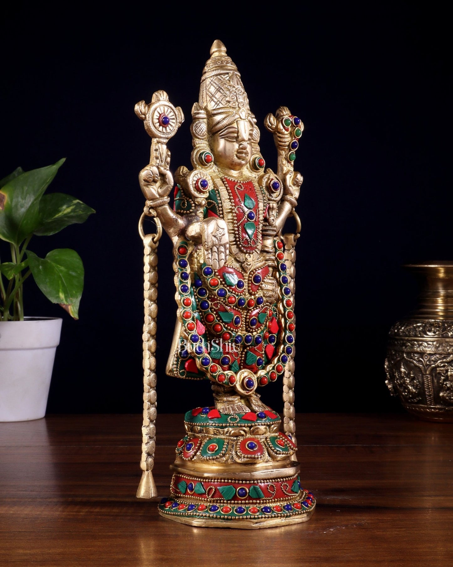 Brass Tirupati Balaji Statue 11 inch with meenakari Stonework - Budhshiv.com