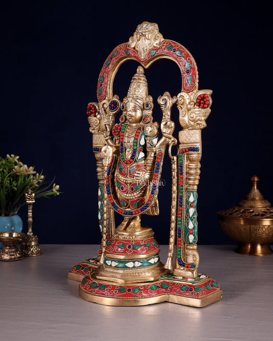 Brass Tirupati Balaji Statue 14" floral stones - Budhshiv.com