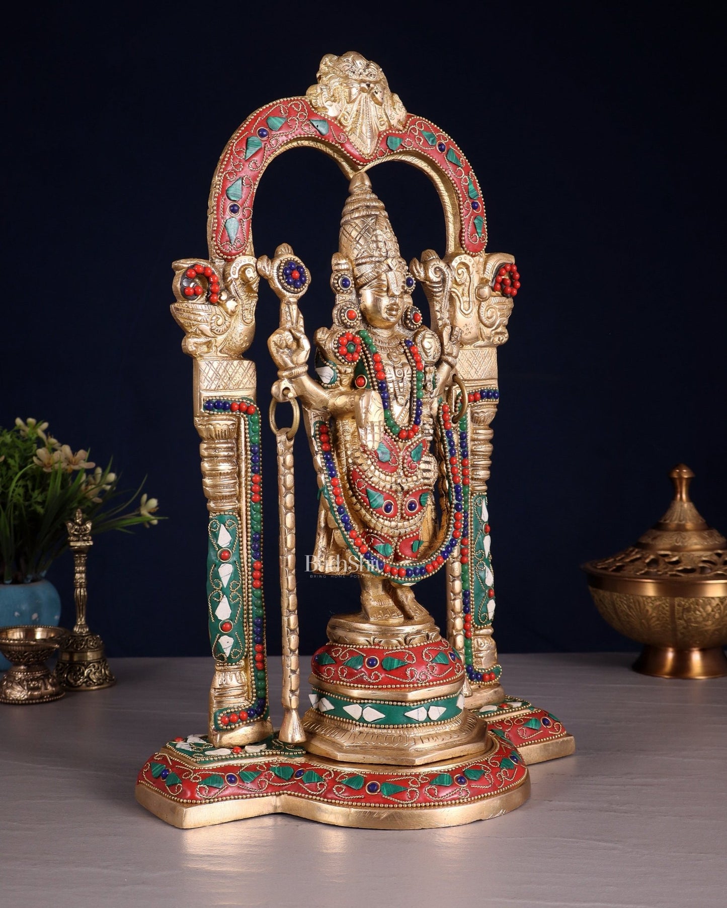 Brass Tirupati Balaji Statue 14" floral stones - Budhshiv.com
