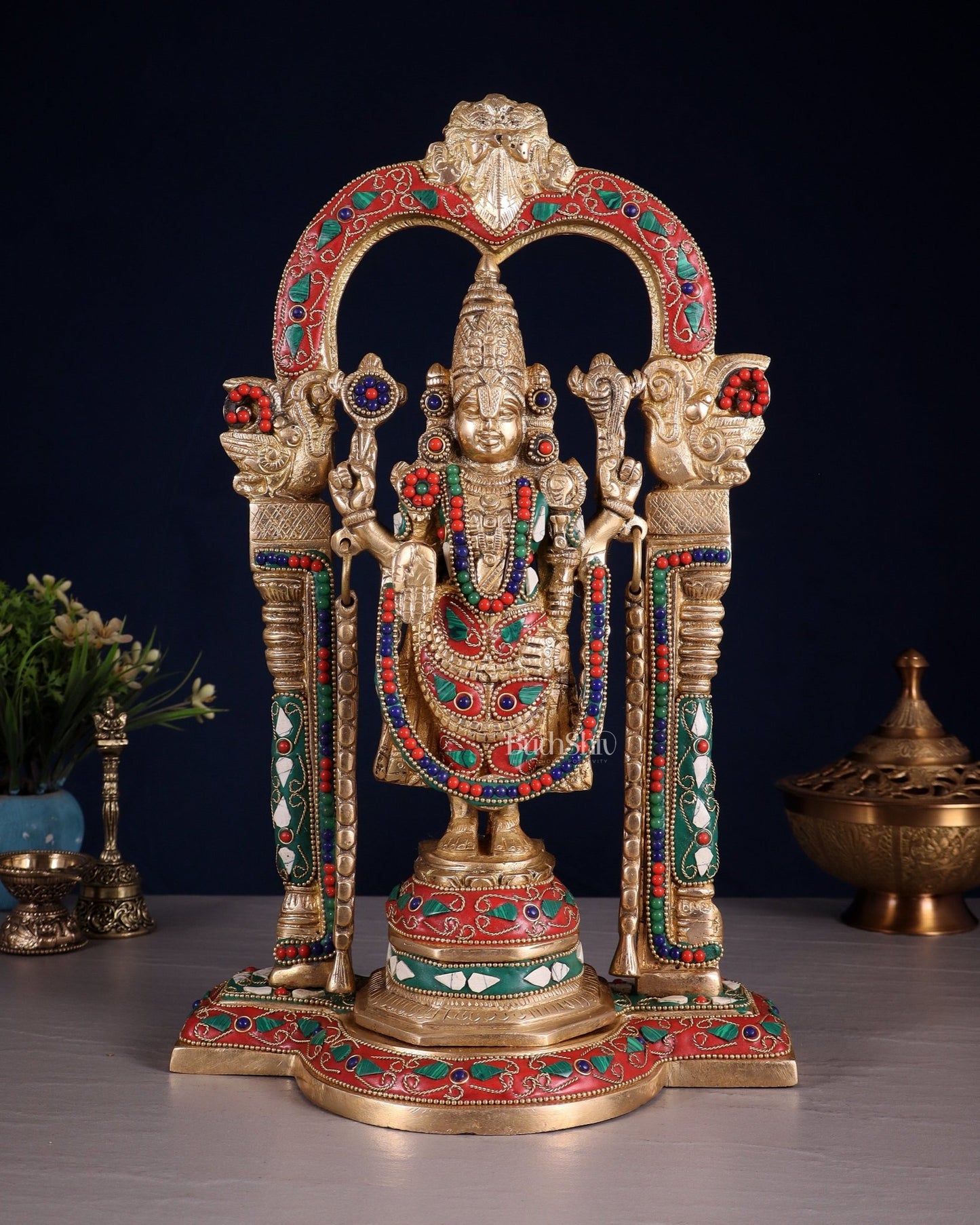Brass Tirupati Balaji Statue 14" floral stones - Budhshiv.com