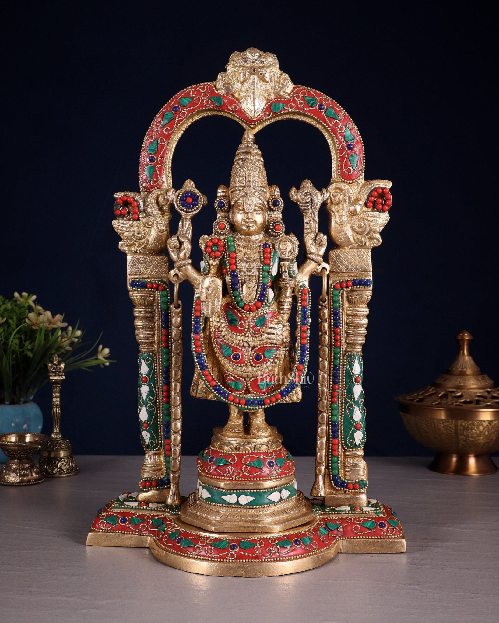 Brass Tirupati Balaji Statue 14" floral stones - Budhshiv.com