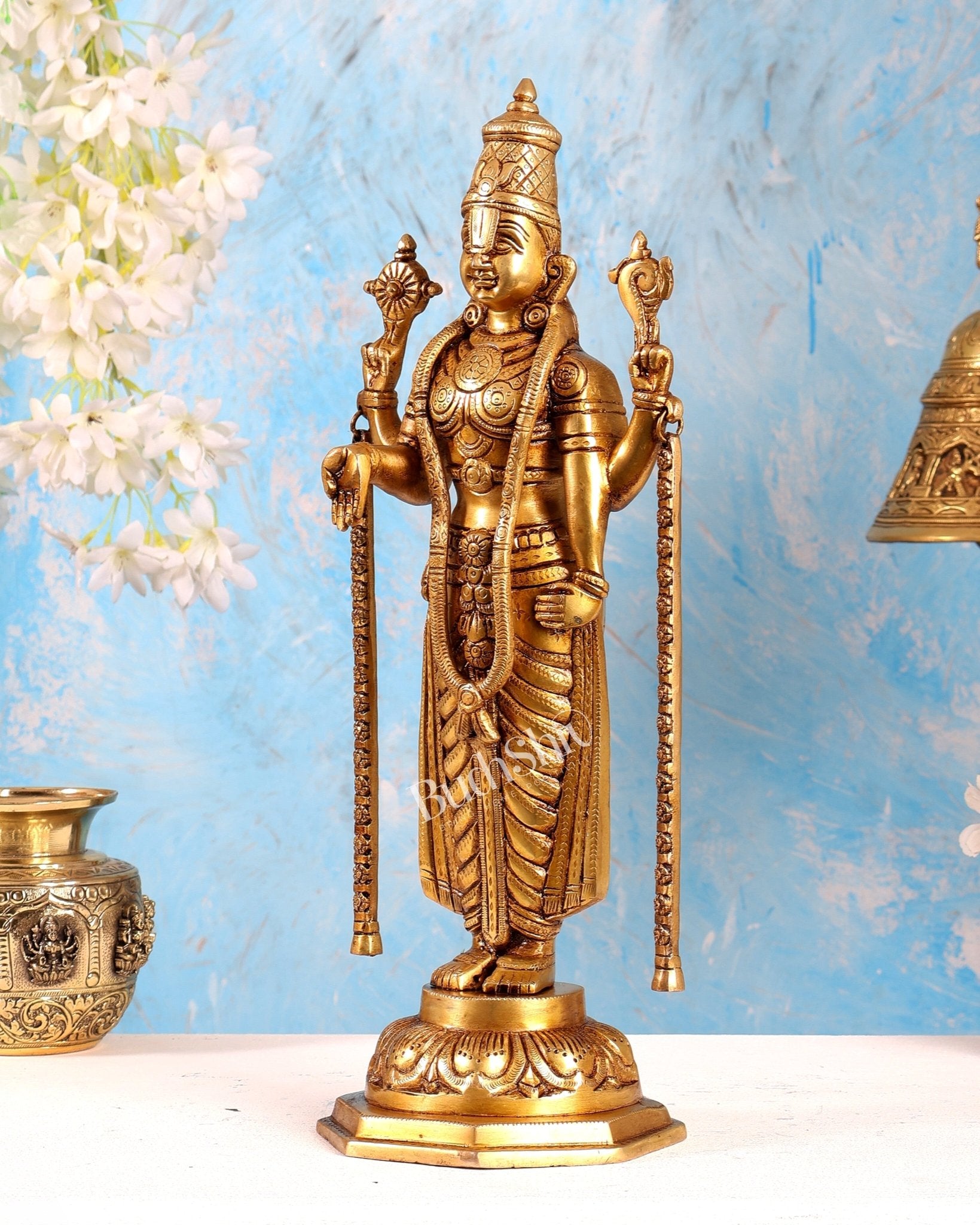 Brass Tirupati Balaji Statue – Divine Lord Venkateswara Idol (15.5 Inches) - Budhshiv.com