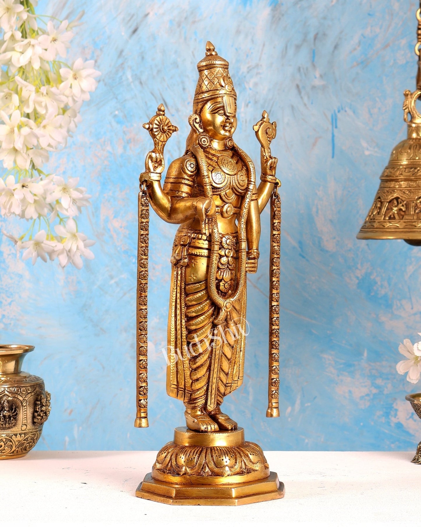 Brass Tirupati Balaji Statue – Divine Lord Venkateswara Idol (15.5 Inches) - Budhshiv.com