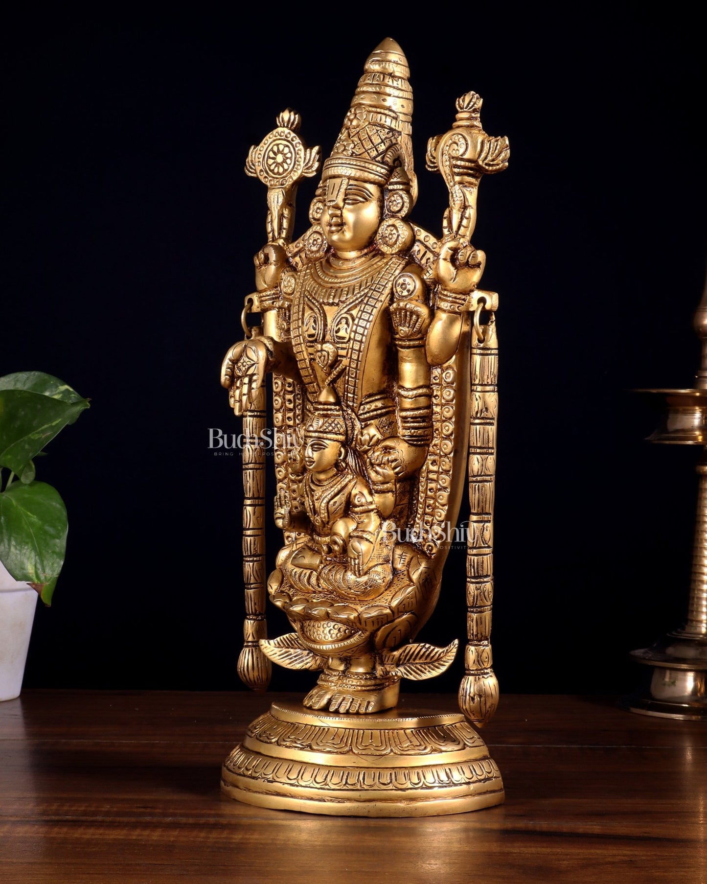 Brass Tirupati Balaji Statue with Lakshmi Engraved – 13"x5.5"x3.5" - Budhshiv.com