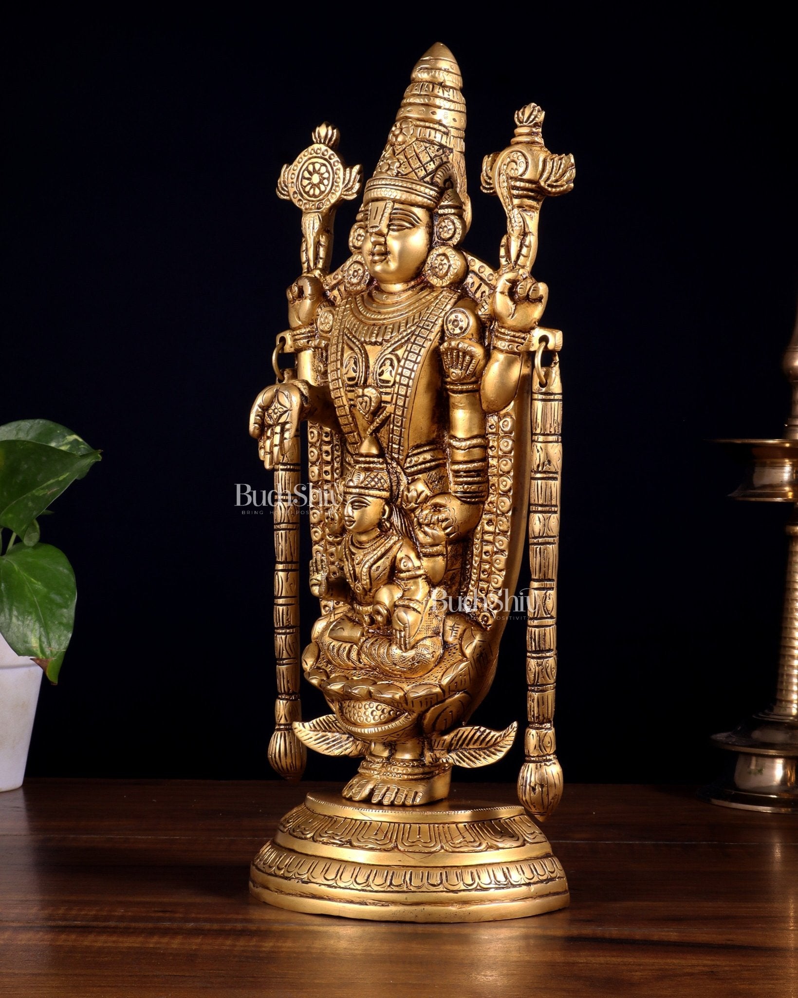 Brass Tirupati Balaji Statue with Lakshmi Engraved – 13"x5.5"x3.5" - Budhshiv.com