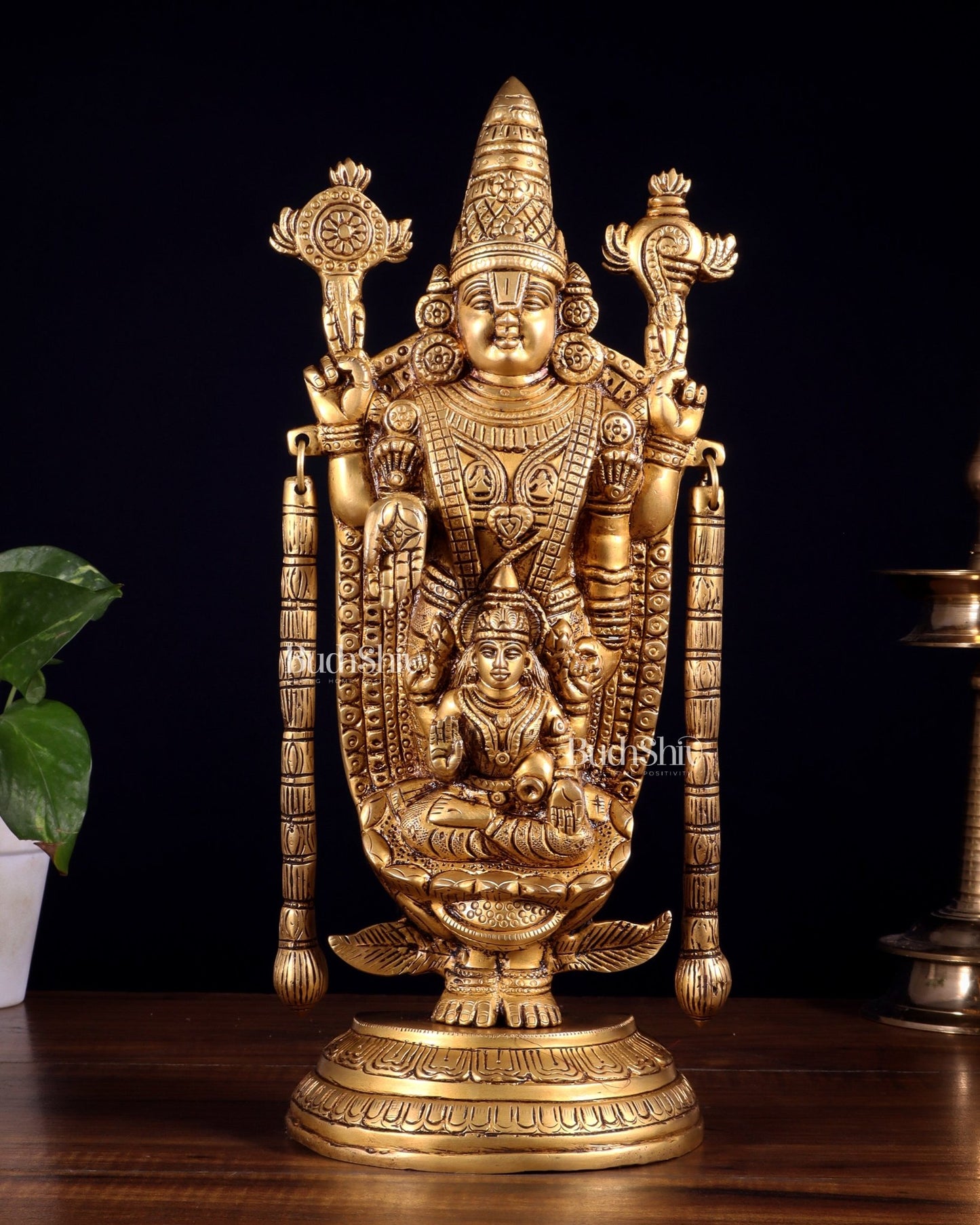 Brass Tirupati Balaji Statue with Lakshmi Engraved – 13"x5.5"x3.5" - Budhshiv.com