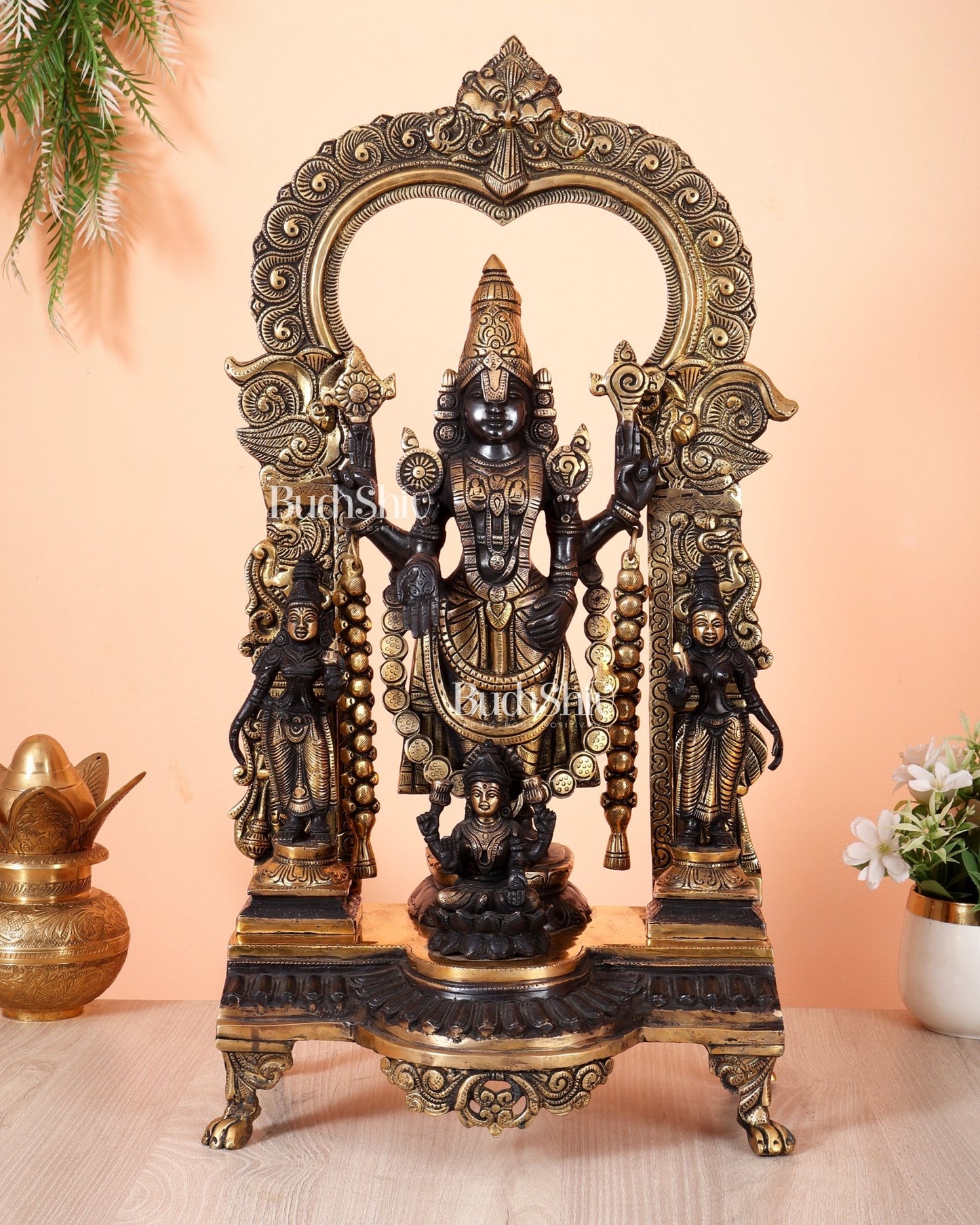 Brass Tirupati Balaji with Bhoodevi, Sridevi & Padmavathi 23 inch - Budhshiv.com