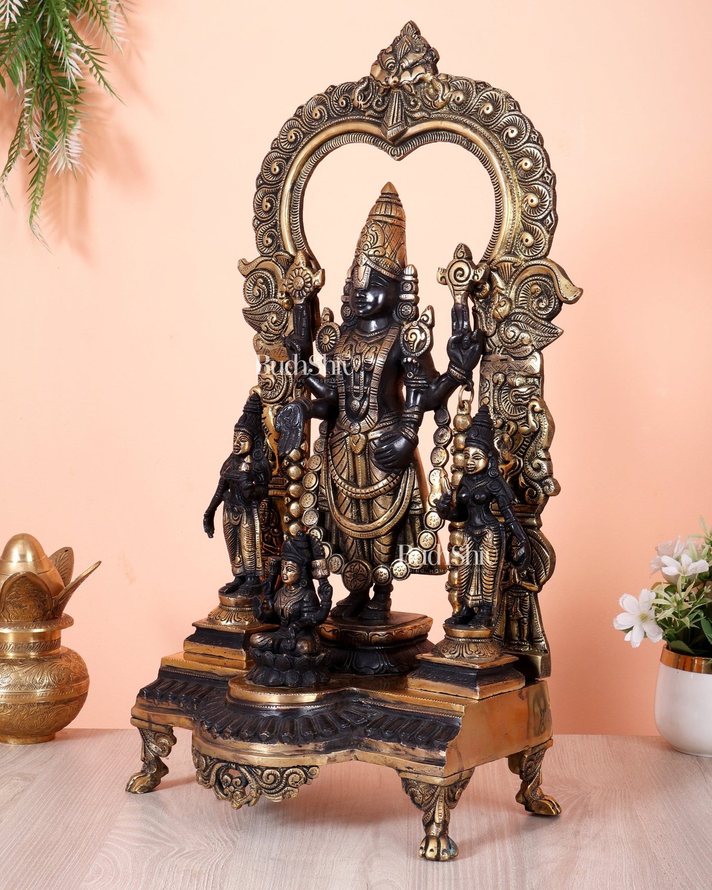 Brass Tirupati Balaji with Bhoodevi, Sridevi & Padmavathi 23 inch - Budhshiv.com