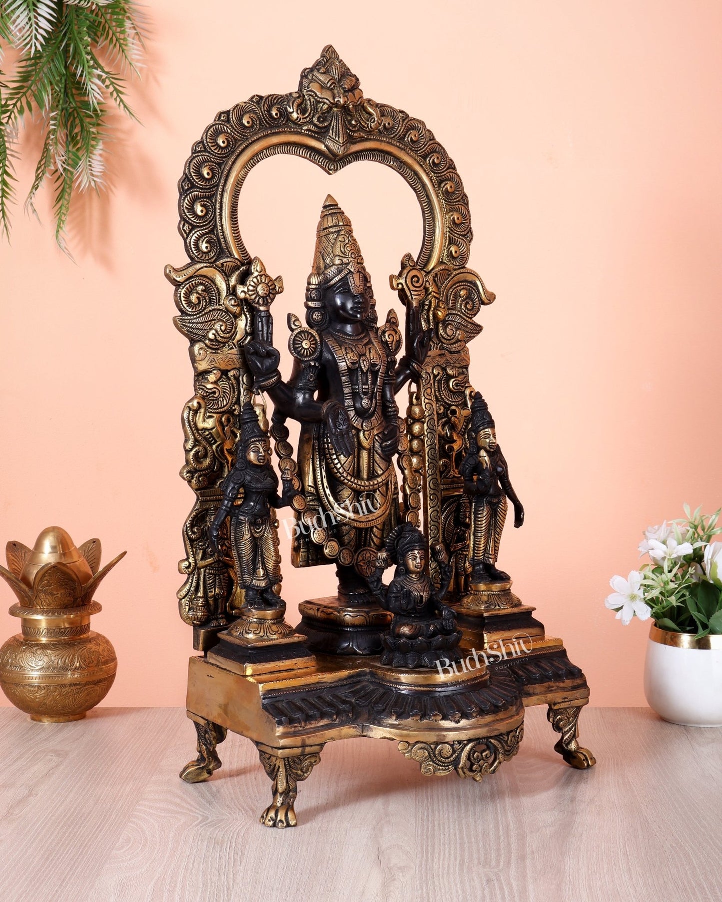 Brass Tirupati Balaji with Bhoodevi, Sridevi & Padmavathi 23 inch - Budhshiv.com
