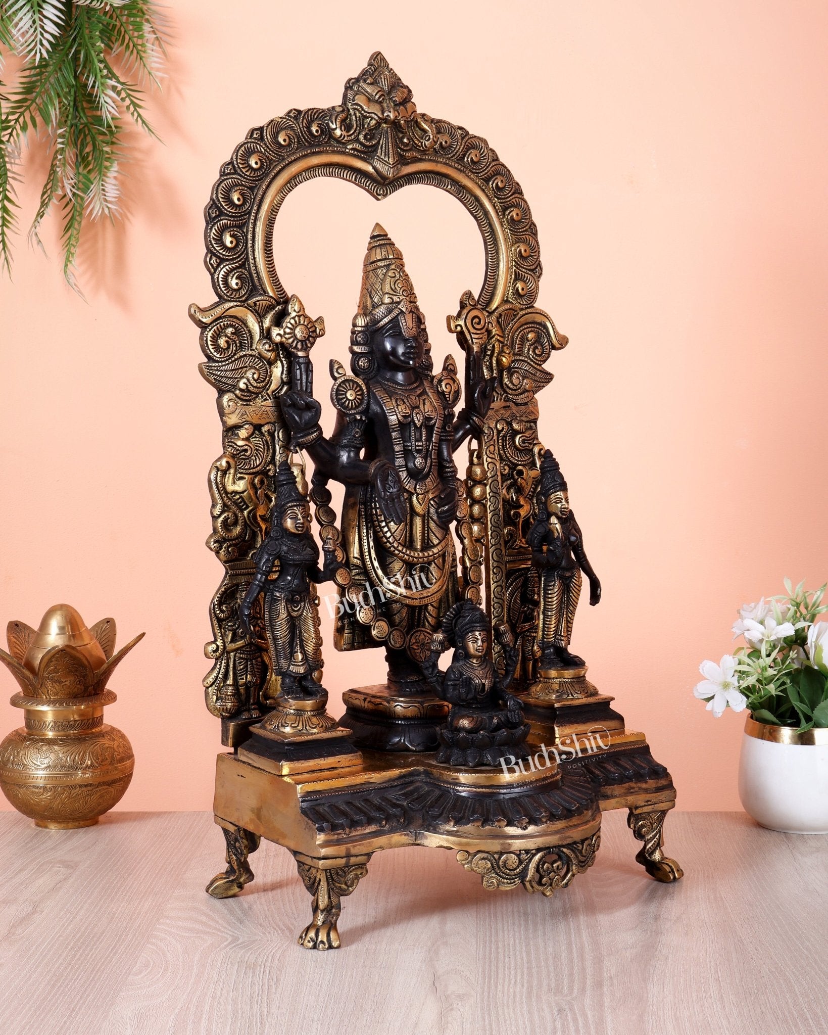Brass Tirupati Balaji with Bhoodevi, Sridevi & Padmavathi 23 inch - Budhshiv.com