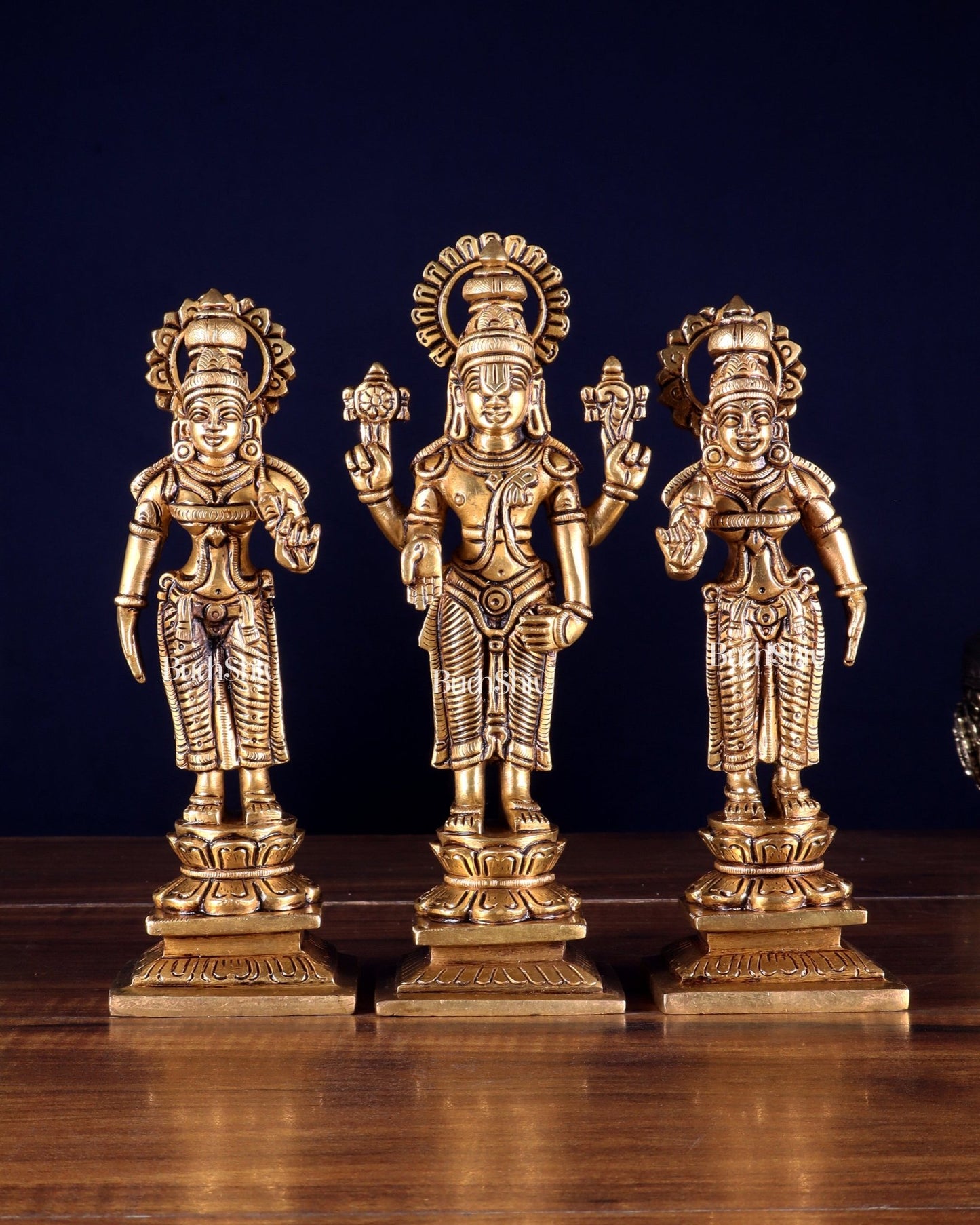 Brass Tirupati Balaji with Bhudevi and Sridevi | 8 inch idols - Budhshiv.com