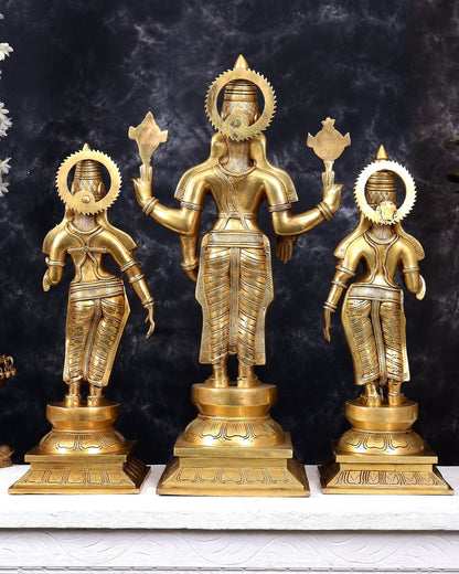 Brass Tirupati Balaji with Bhudevi and Sridevi — Idol Set 30 inch - Budhshiv.com