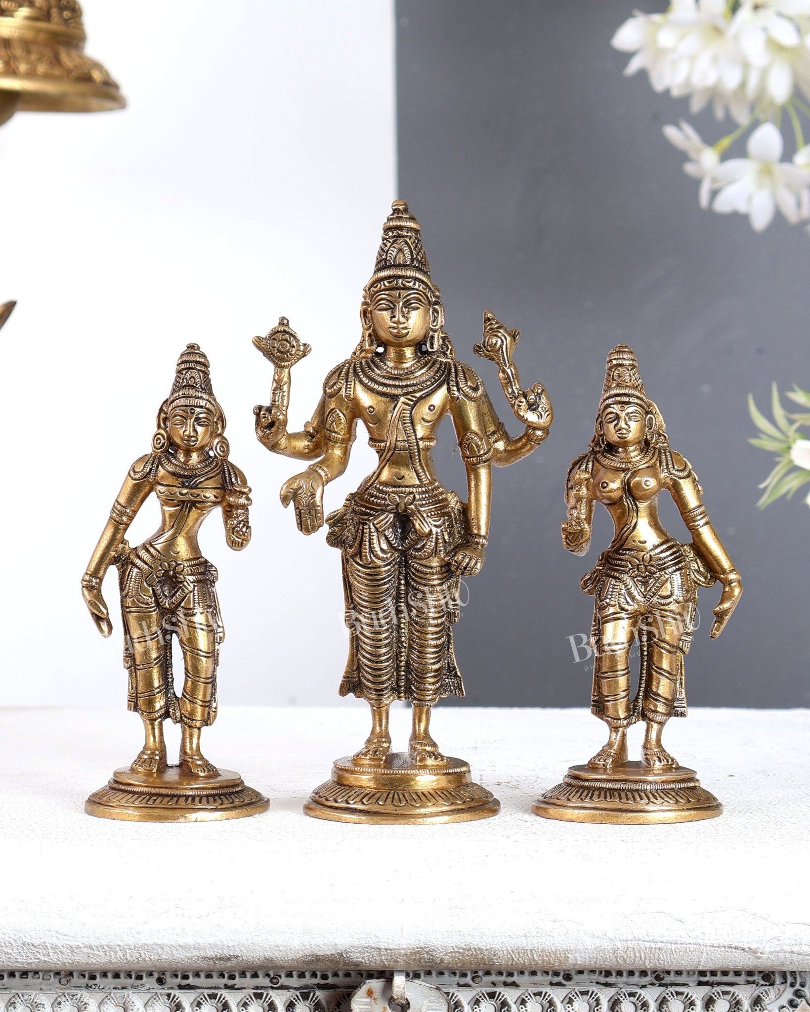 Brass Tirupati Balaji with Bhudevi and Sridevi Idol Set -7 inch - Budhshiv.com