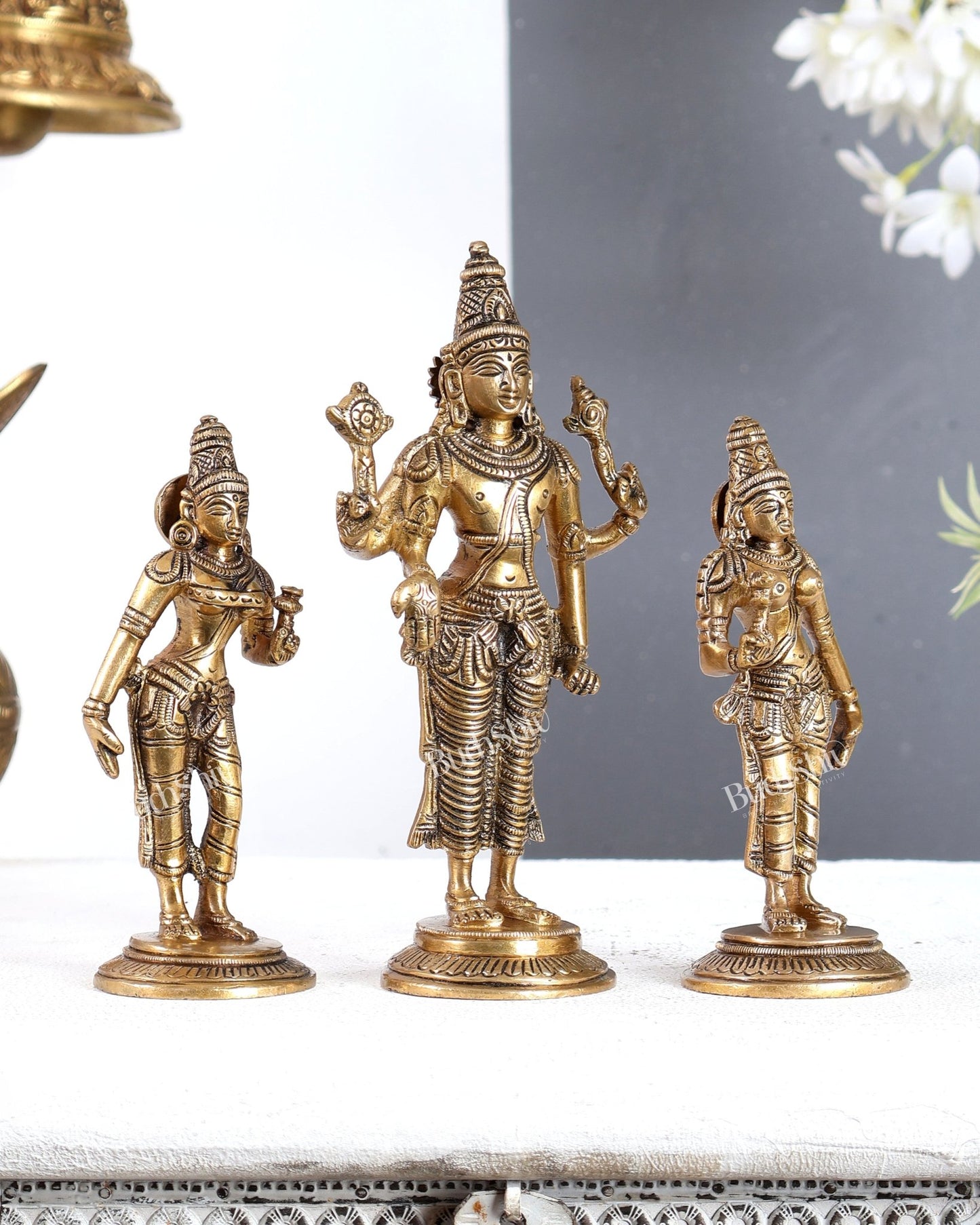 Brass Tirupati Balaji with Bhudevi and Sridevi Idol Set -7 inch - Budhshiv.com