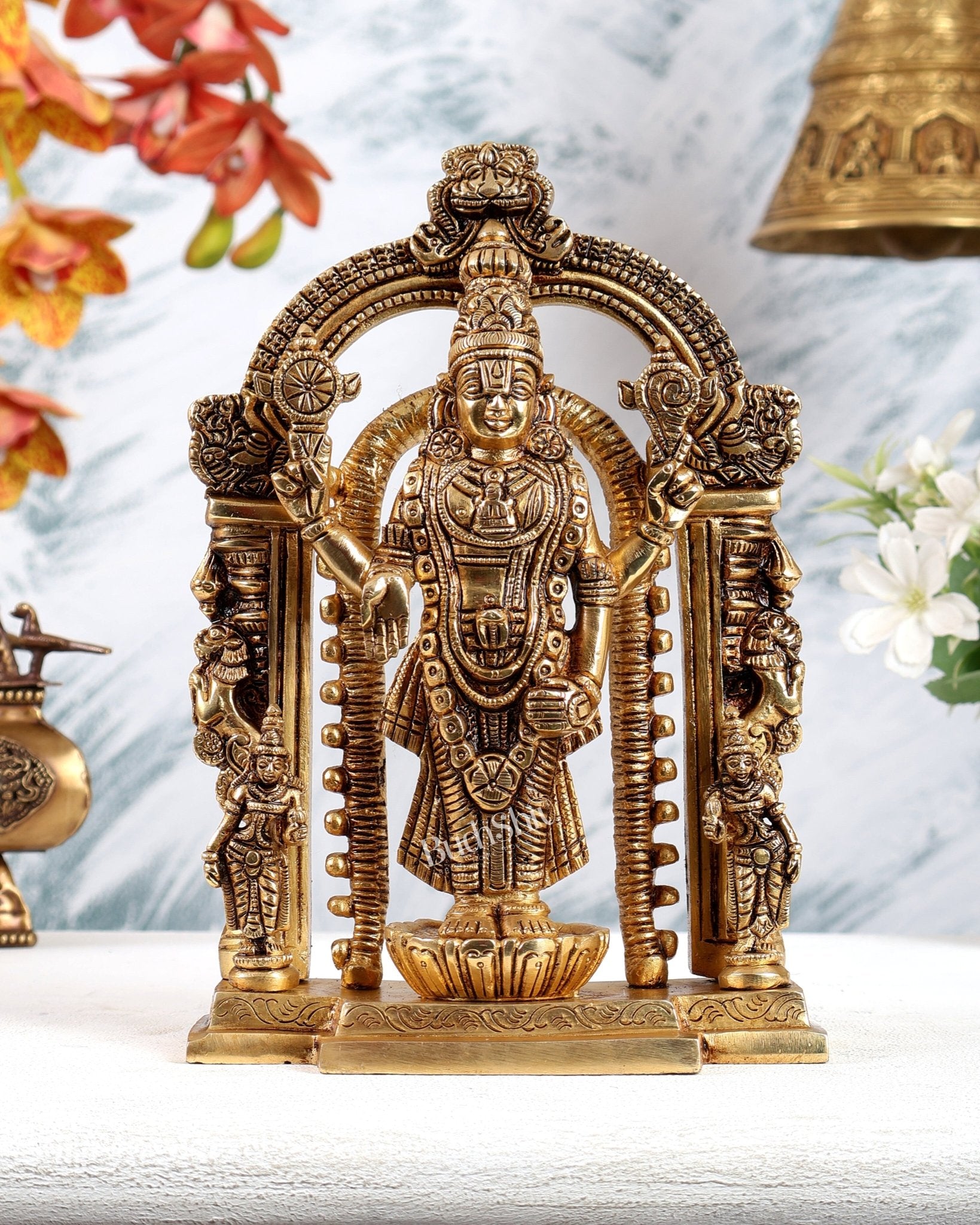 Brass Tirupati Balaji with Bhudevi Sridevi Idol with Prabhavali – Divine Temple Statue (9 Inches) - Budhshiv.com