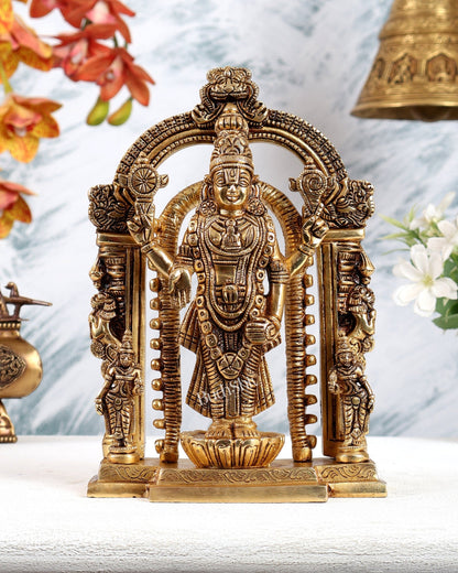 Brass Tirupati Balaji with Bhudevi Sridevi Idol with Prabhavali – Divine Temple Statue (9 Inches) - Budhshiv.com