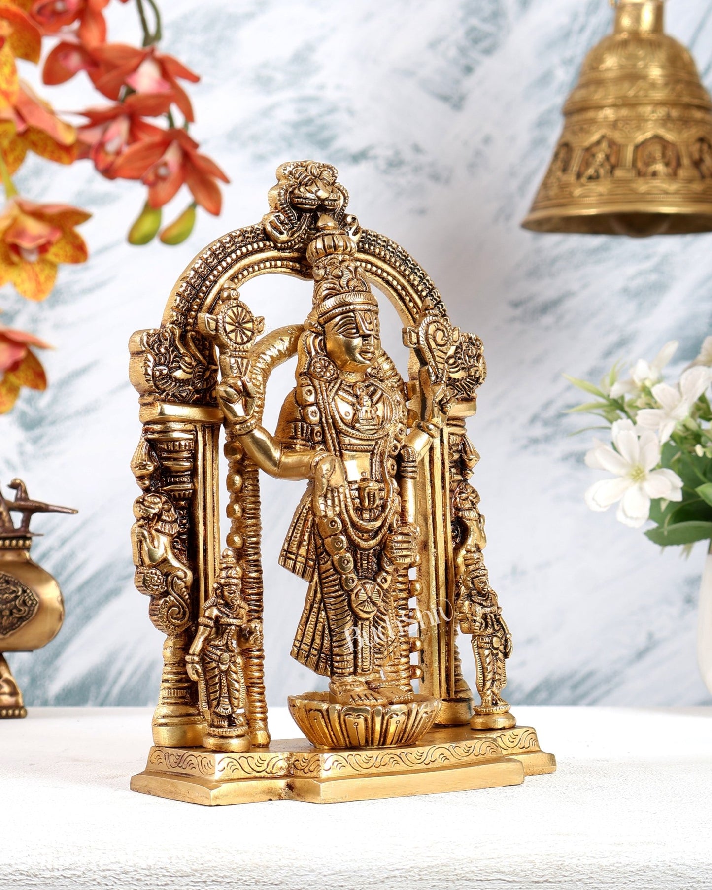 Brass Tirupati Balaji with Bhudevi Sridevi Idol with Prabhavali – Divine Temple Statue (9 Inches) - Budhshiv.com