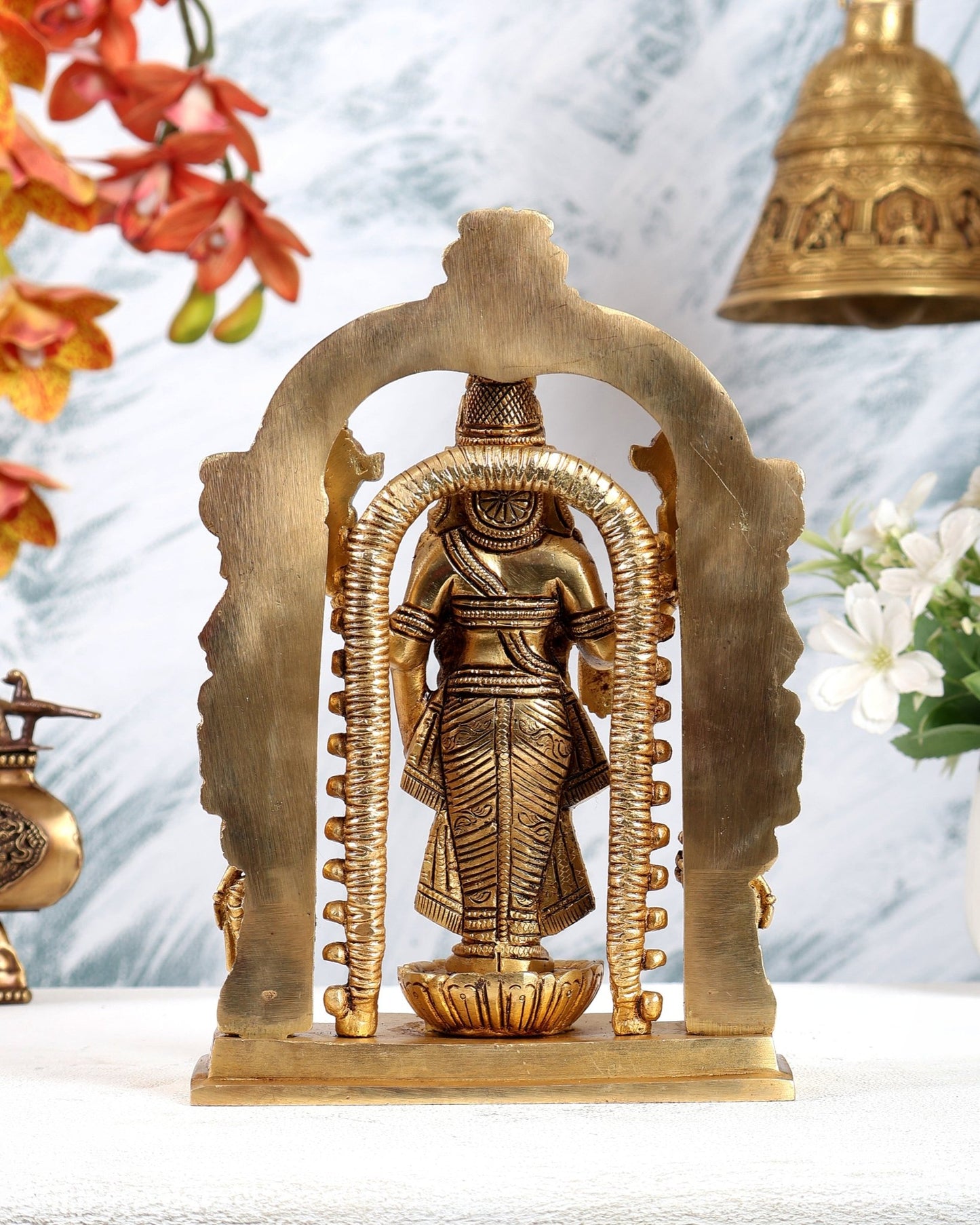 Brass Tirupati Balaji with Bhudevi Sridevi Idol with Prabhavali – Divine Temple Statue (9 Inches) - Budhshiv.com