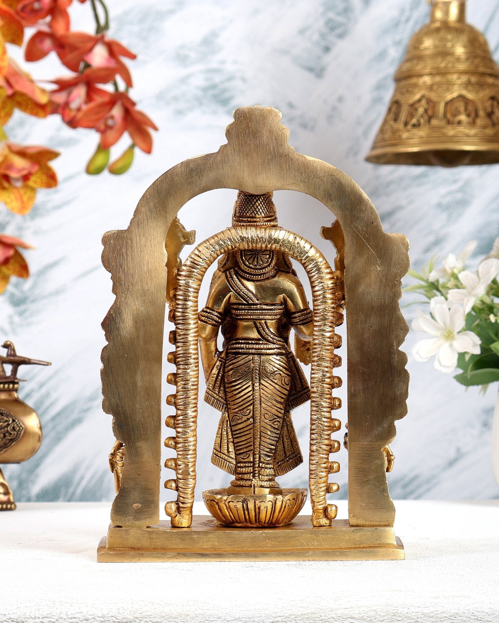 Brass Tirupati Balaji with Bhudevi Sridevi Idol with Prabhavali – Divine Temple Statue (9 Inches) - Budhshiv.com