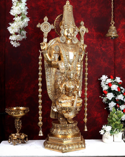 Brass Tirupati Balaji with Goddess Lakshmi Statue – Large Full Body Divine Sculpture (52 Inch) - Budhshiv.com