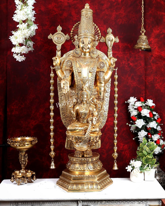 Brass Tirupati Balaji with Goddess Lakshmi Statue – Large Full Body Divine Sculpture (52 Inch) - Budhshiv.com