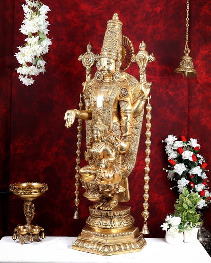 Brass Tirupati Balaji with Goddess Lakshmi Statue – Large Full Body Divine Sculpture (52 Inch) - Budhshiv.com