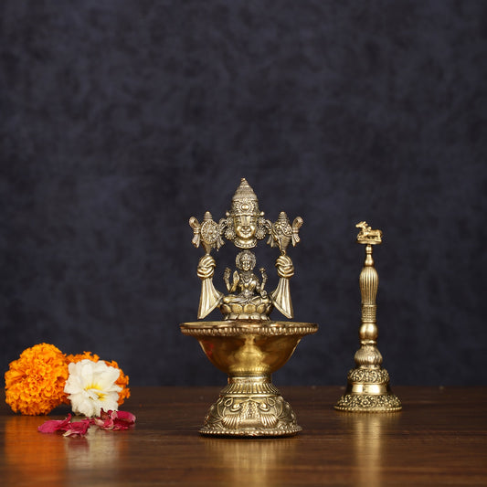 Brass Tirupati Balaji with Lakshmi Diya Oil Lamp 5.5 inch - Budhshiv.com