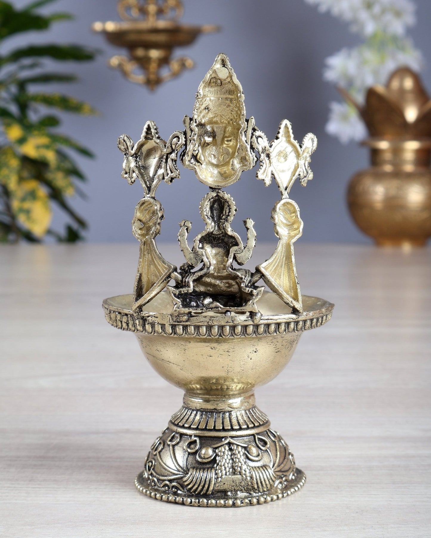 Brass Tirupati Balaji with Lakshmi Diya Oil Lamp 5.5 inch - Budhshiv.com