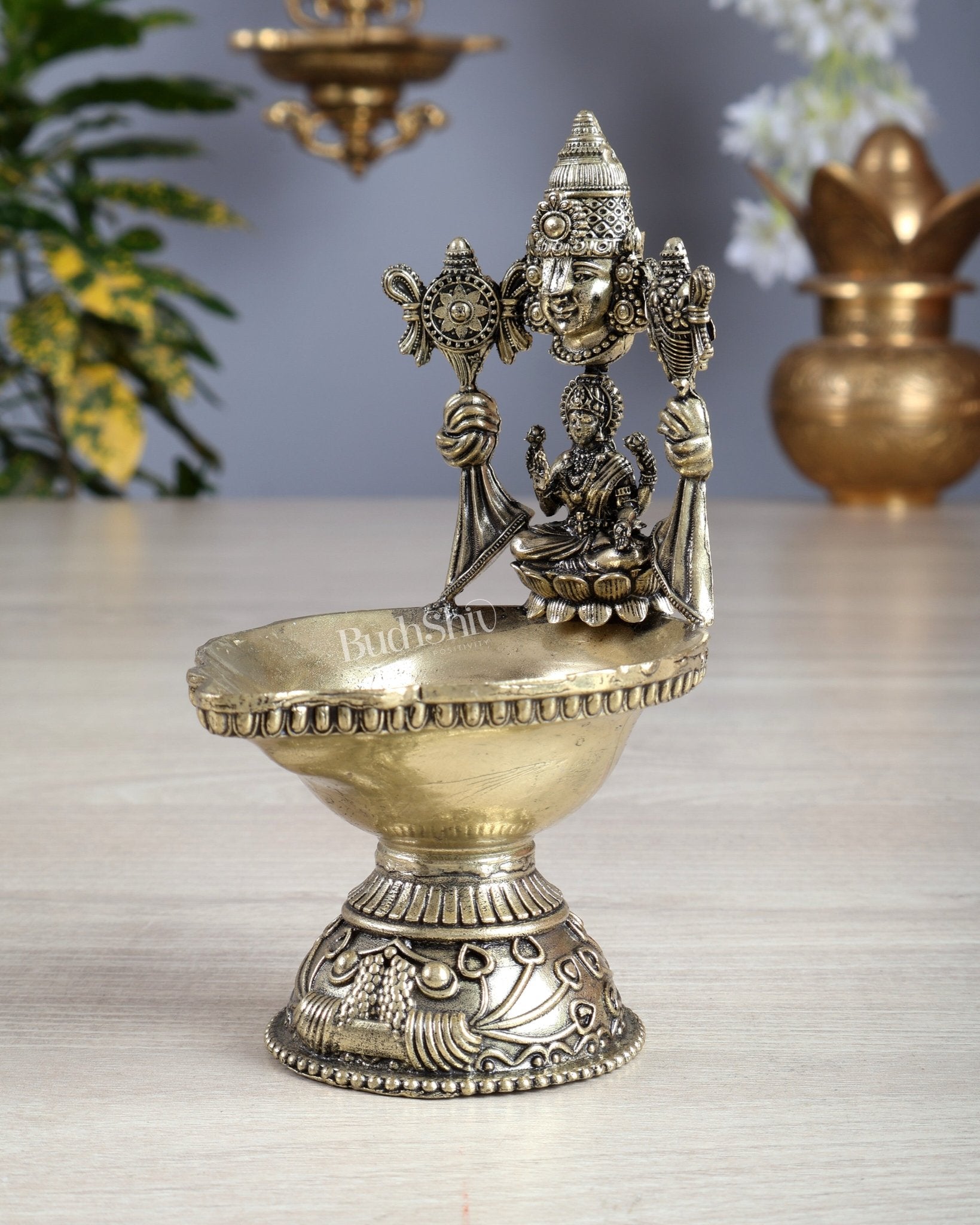 Brass Tirupati Balaji with Lakshmi Diya Oil Lamp 5.5 inch - Budhshiv.com