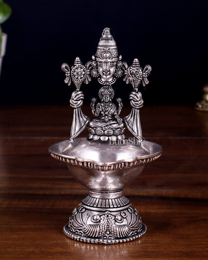 Brass Tirupati Balaji with Lakshmi Diya Oil Lamp silver plated 5.5 inch - Budhshiv.com