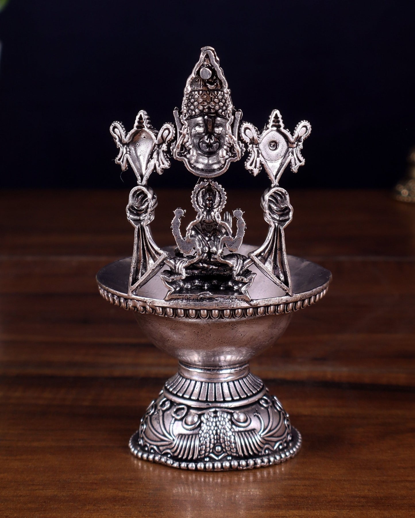 Brass Tirupati Balaji with Lakshmi Diya Oil Lamp silver plated 5.5 inch - Budhshiv.com