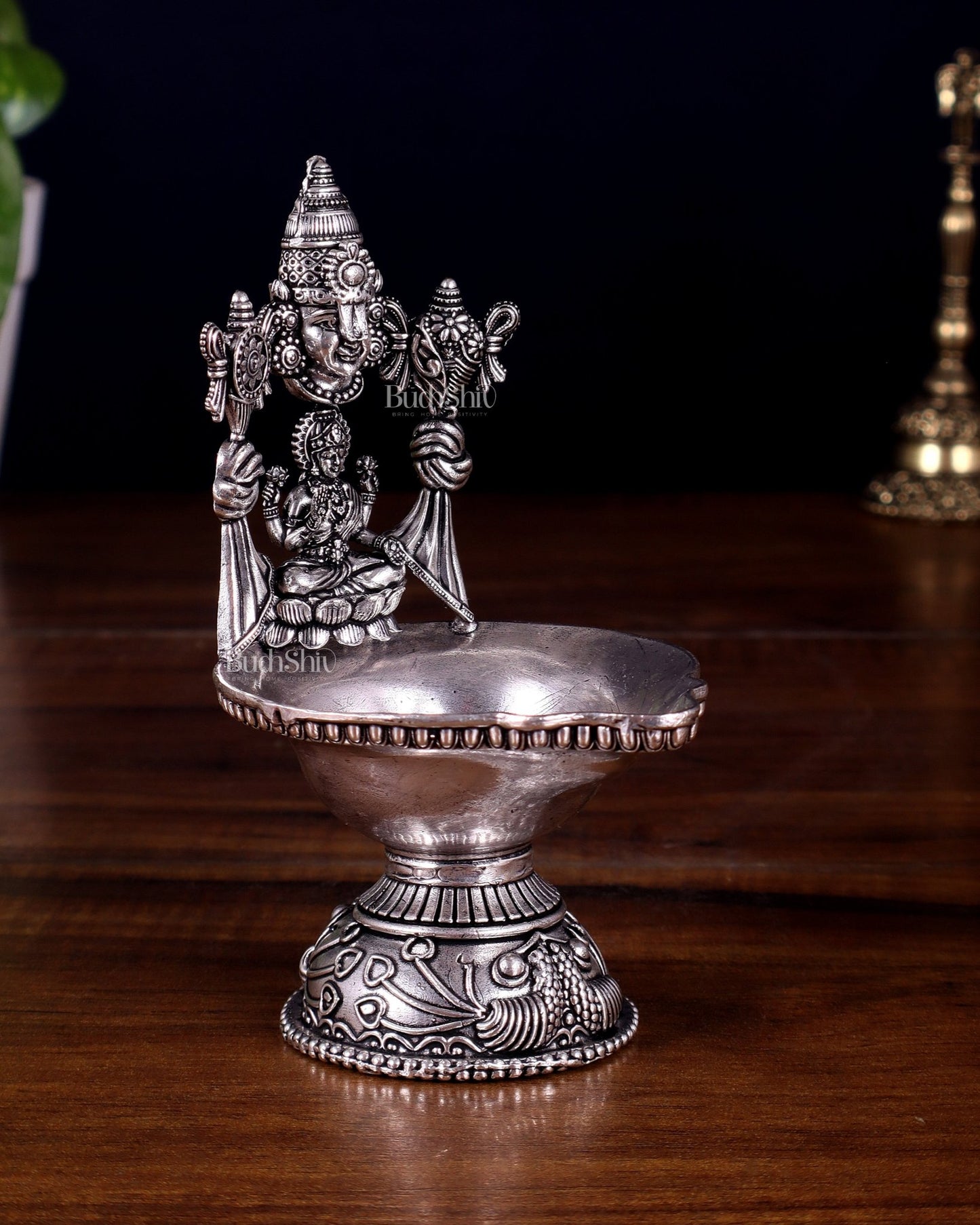 Brass Tirupati Balaji with Lakshmi Diya Oil Lamp silver plated 5.5 inch - Budhshiv.com