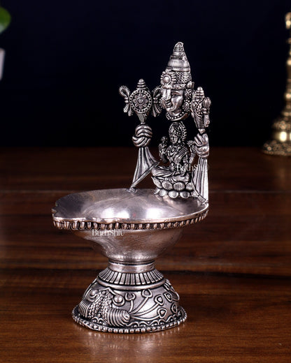 Brass Tirupati Balaji with Lakshmi Diya Oil Lamp silver plated 5.5 inch - Budhshiv.com