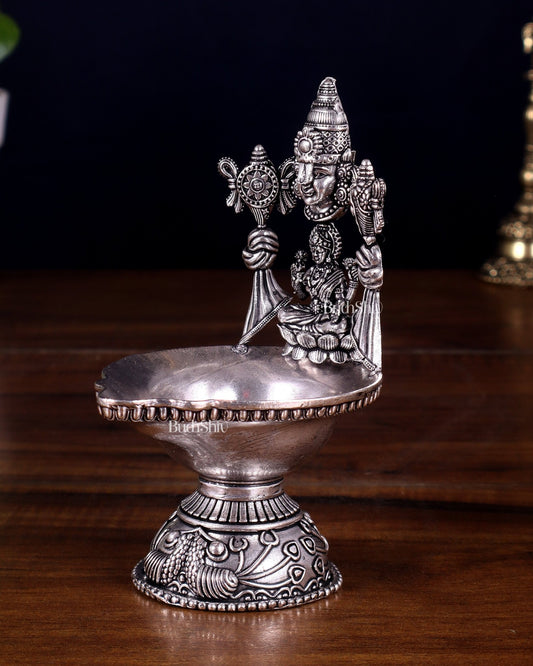 Brass Tirupati Balaji with Lakshmi Diya Oil Lamp silver plated 5.5 inch - Budhshiv.com