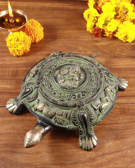 Brass Tortoise with Ganesha engraved black green tone - Budhshiv.com