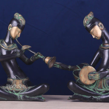 Brass Tribal Musician Pair - Shehnai and Dholak Players - Handcrafted Showpieces - Budhshiv.com