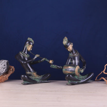 Brass Tribal Musician Pair - Shehnai and Dholak Players - Handcrafted Showpieces - Budhshiv.com