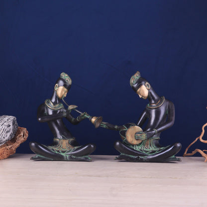 Brass Tribal Musician Pair - Shehnai and Dholak Players - Handcrafted Showpieces - Budhshiv.com