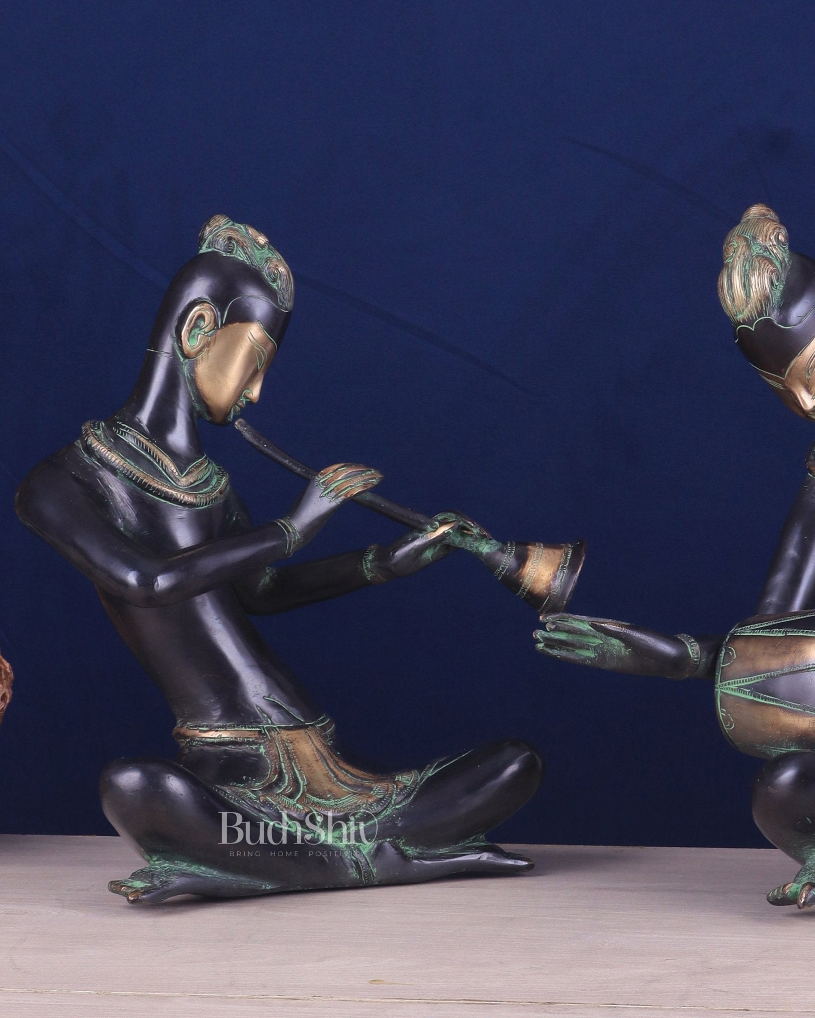 Brass Tribal Musician Pair - Shehnai and Dholak Players - Handcrafted Showpieces - Budhshiv.com