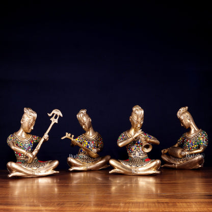 Brass Tribal Musicians Set with abstract Stonework | Height: 9 inch - Budhshiv.com