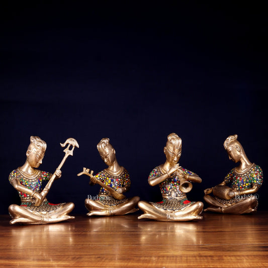 Brass Tribal Musicians Set with abstract Stonework | Height: 9 inch - Budhshiv.com