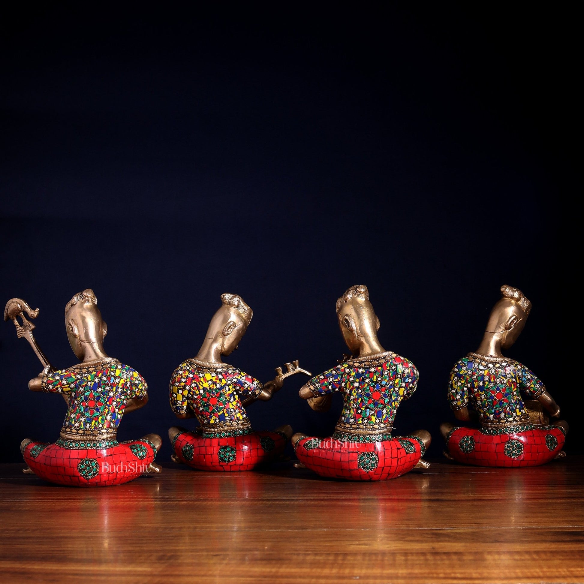 Brass Tribal Musicians Set with abstract Stonework | Height: 9 inch - Budhshiv.com