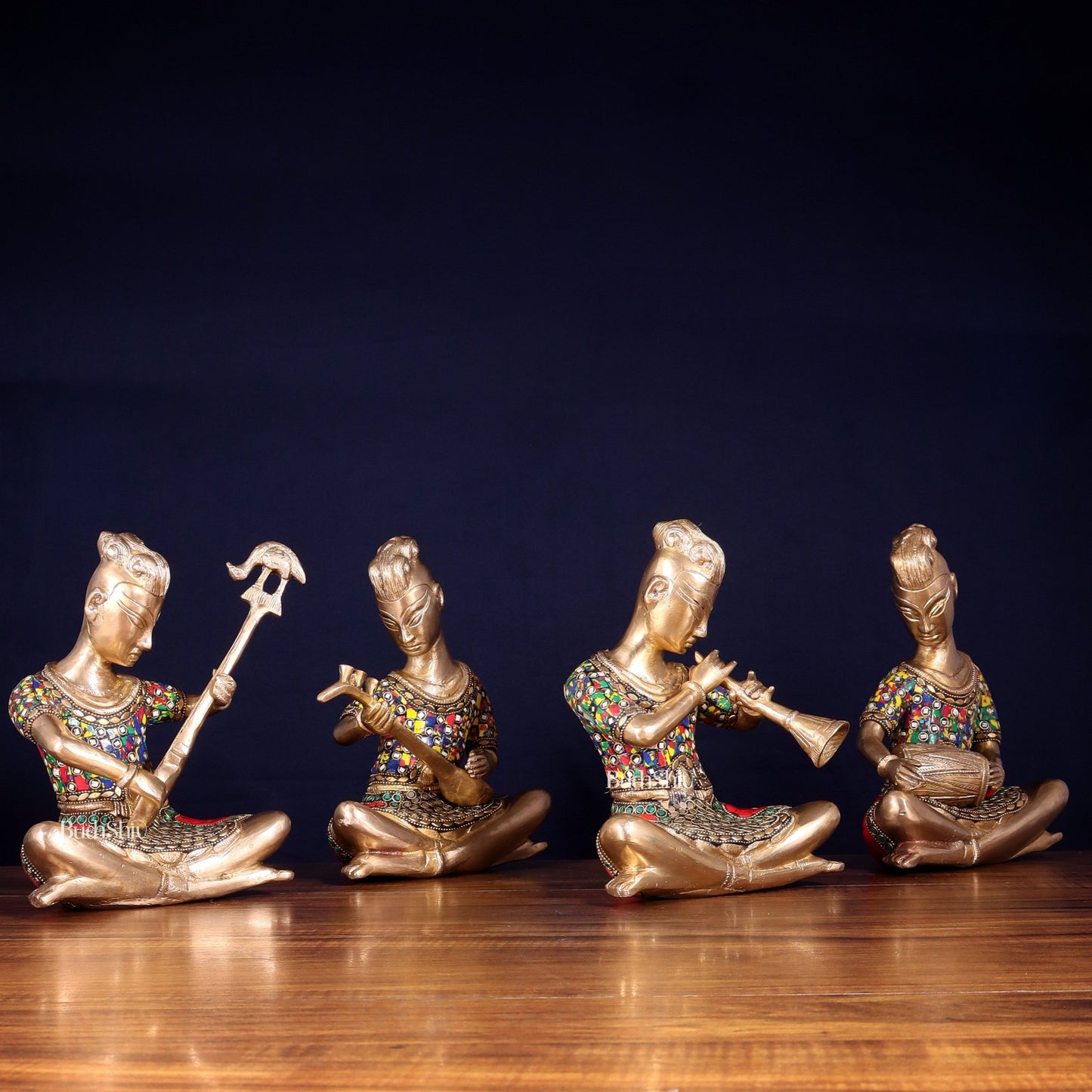 Brass Tribal Musicians Set with abstract Stonework | Height: 9 inch - Budhshiv.com