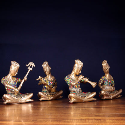 Brass Tribal Musicians Set with abstract Stonework | Height: 9 inch - Budhshiv.com